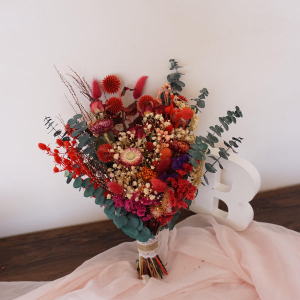 Bridal dried flowers bouquet for boho wedding ,eucalyptus bouquet,red color ,bride bouquet